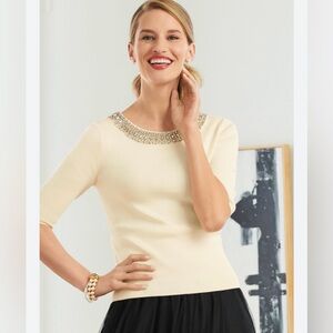 NWT Talbots Woman Embellished Neck Sweater, Size 1X Color Ivory